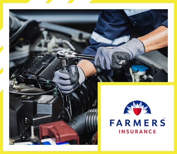 Mechanic repairing engine, Farmers Insurance Logo