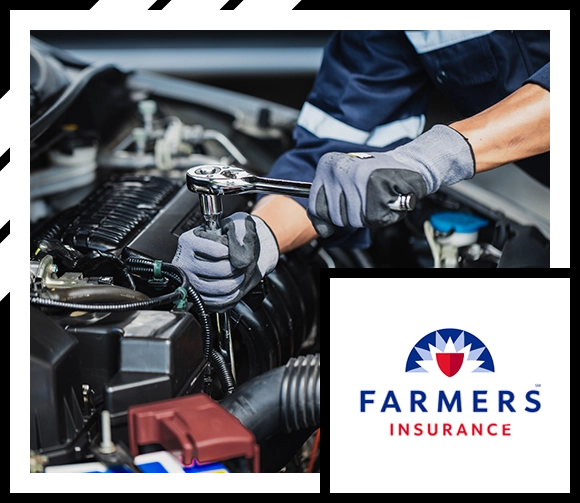 Mechanic repairing engine, Farmers Insurance Logo
